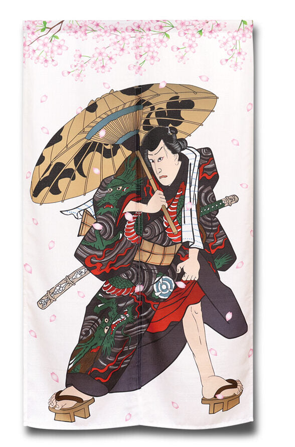 Edo Period Man with Umbrella under Cherry Blossoms Noren 85x150cm