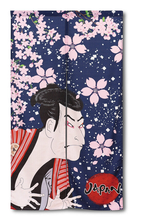 Edo Period Man Close-up with falling Cherry Blossoms Noren 85x150cm