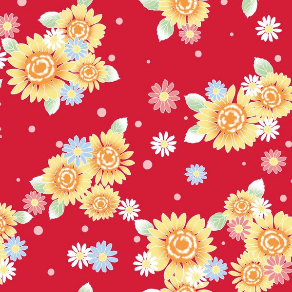 2-pc Kids’ Yukata Set | Sunflowers on Red w/ Pink Obi Design (2 sizes)