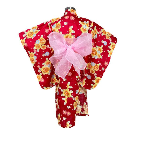 2-pc Kids’ Yukata Set | Sunflowers on Red w/ Pink Obi Design (2 sizes)