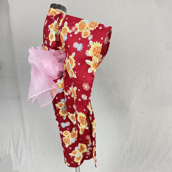 2-pc Kids’ Yukata Set | Sunflowers on Red w/ Pink Obi Design (2 sizes)