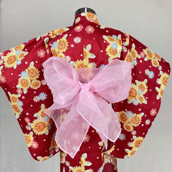 2-pc Kids’ Yukata Set | Sunflowers on Red w/ Pink Obi Design (2 sizes)