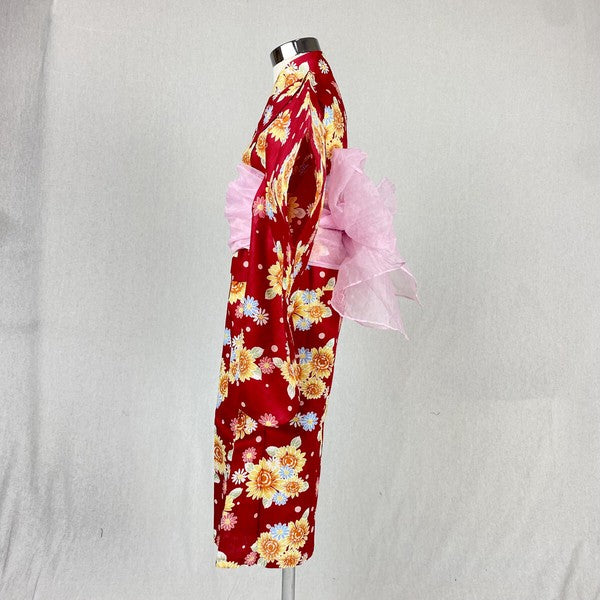 2-pc Kids’ Yukata Set | Sunflowers on Red w/ Pink Obi Design (2 sizes)