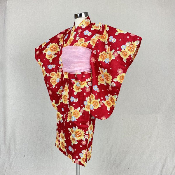 2-pc Kids’ Yukata Set | Sunflowers on Red w/ Pink Obi Design (2 sizes)