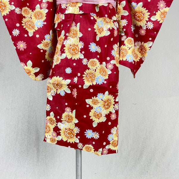 2-pc Kids’ Yukata Set | Sunflowers on Red w/ Pink Obi Design (2 sizes)