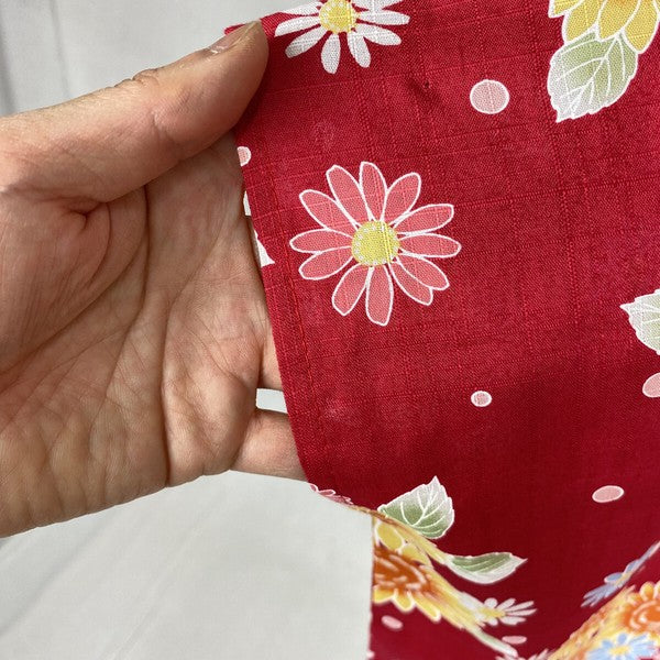 2-pc Kids’ Yukata Set | Sunflowers on Red w/ Pink Obi Design (2 sizes)