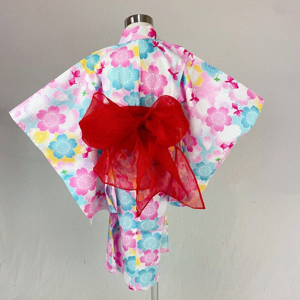 2-pc Kids’ Yukata Set | Sakura & Goldfish w/ Red Obi Design (2 sizes)