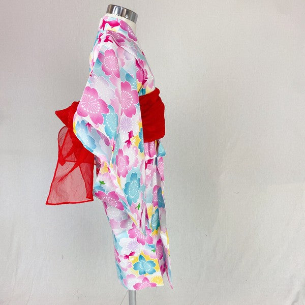 2-pc Kids’ Yukata Set | Sakura & Goldfish w/ Red Obi Design (2 sizes)