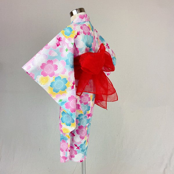 2-pc Kids’ Yukata Set | Sakura & Goldfish w/ Red Obi Design (2 sizes)