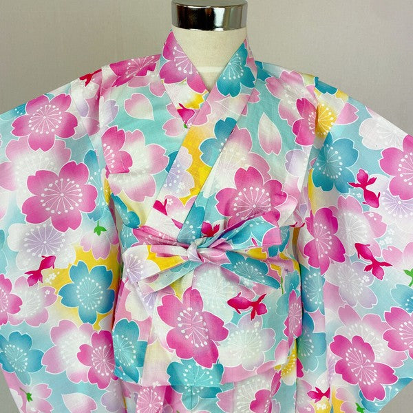 2-pc Kids’ Yukata Set | Sakura & Goldfish w/ Red Obi Design (2 sizes)