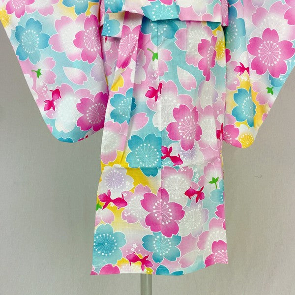 2-pc Kids’ Yukata Set | Sakura & Goldfish w/ Red Obi Design (2 sizes)