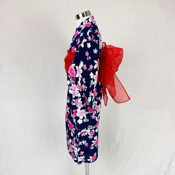 2-pc Kids’ Yukata Set | Sakura on Navy Blue w/ Red Obi Design (2 sizes)