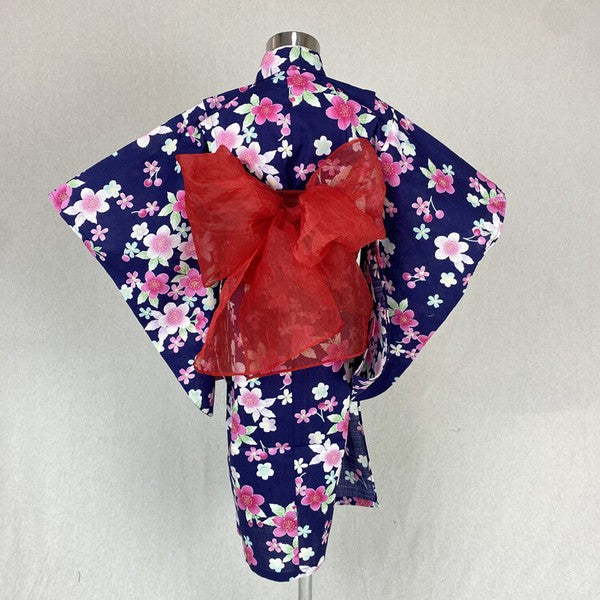 2-pc Kids’ Yukata Set | Sakura on Navy Blue w/ Red Obi Design (2 sizes)