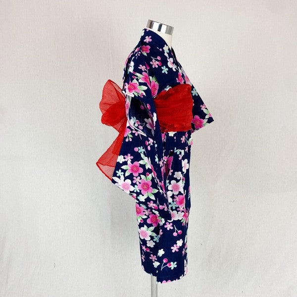 2-pc Kids’ Yukata Set | Sakura on Navy Blue w/ Red Obi Design (2 sizes)