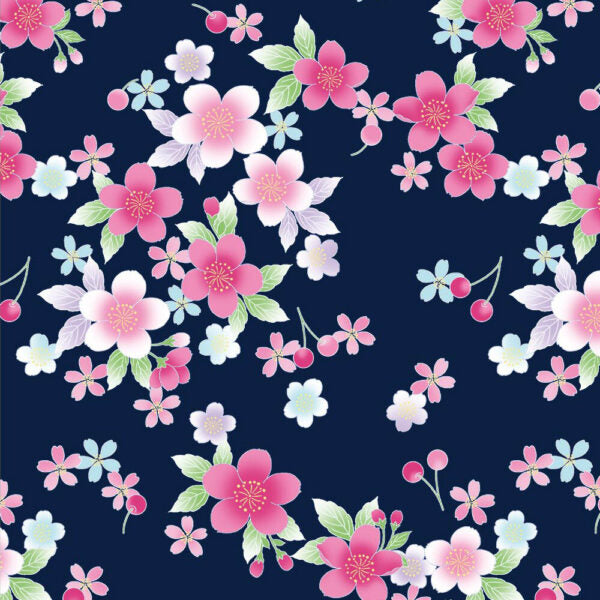 2-pc Kids’ Yukata Set | Sakura on Navy Blue w/ Red Obi Design (2 sizes)