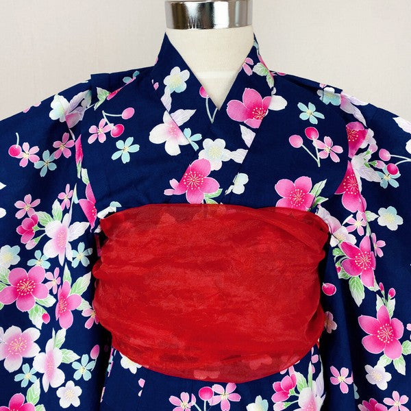 2-pc Kids’ Yukata Set | Sakura on Navy Blue w/ Red Obi Design (2 sizes)