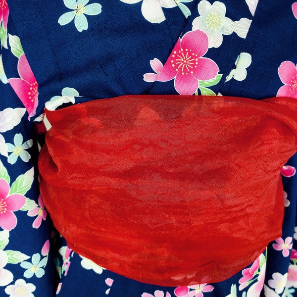 2-pc Kids’ Yukata Set | Sakura on Navy Blue w/ Red Obi Design (2 sizes)