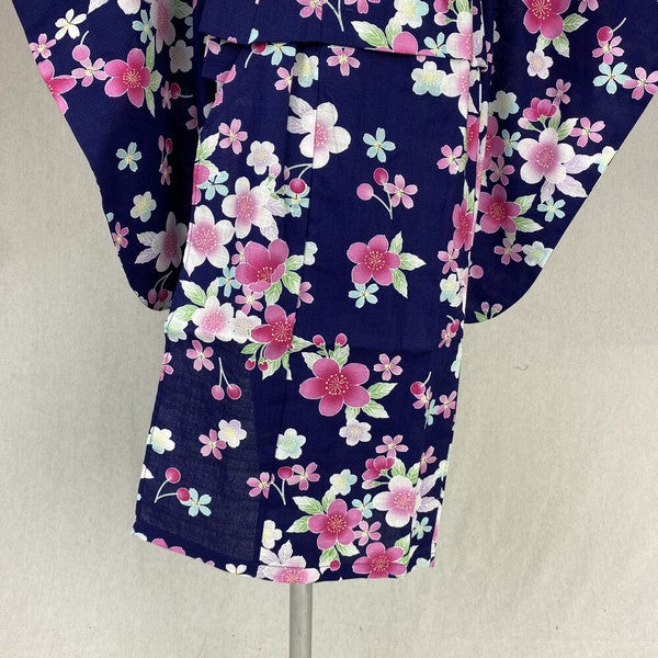 2-pc Kids’ Yukata Set | Sakura on Navy Blue w/ Red Obi Design (2 sizes)
