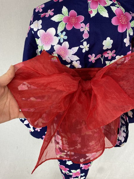 2-pc Kids’ Yukata Set | Sakura on Navy Blue w/ Red Obi Design (2 sizes)
