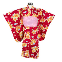 2-pc Kids’ Yukata Set | Sunflowers on Red w/ Pink Obi Design (2 sizes)