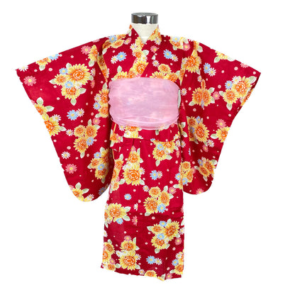 2-pc Kids’ Yukata Set | Sunflowers on Red w/ Pink Obi Design (2 sizes)