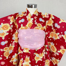 2-pc Kids’ Yukata Set | Sunflowers on Red w/ Pink Obi Design (2 sizes)