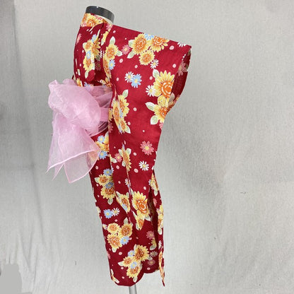 2-pc Kids’ Yukata Set | Sunflowers on Red w/ Pink Obi Design (2 sizes)
