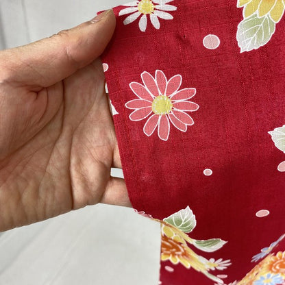2-pc Kids’ Yukata Set | Sunflowers on Red w/ Pink Obi Design (2 sizes)