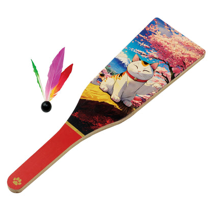1x Maneki Neko Wooden Hagoita Paddle & Shuttlecock Set