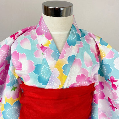 2-pc Kids’ Yukata Set | Sakura & Goldfish w/ Red Obi Design (2 sizes)