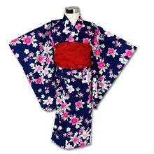 2-pc Kids’ Yukata Set | Sakura on Navy Blue w/ Red Obi Design (2 sizes)