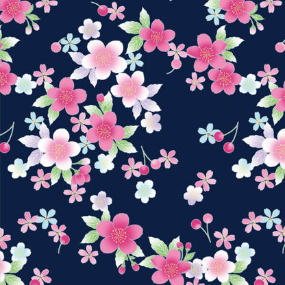 2-pc Kids’ Yukata Set | Sakura on Navy Blue w/ Red Obi Design (2 sizes)