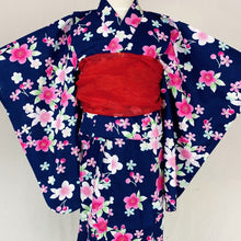 2-pc Kids’ Yukata Set | Sakura on Navy Blue w/ Red Obi Design (2 sizes)