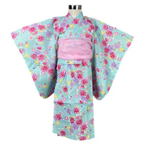2-pc Kids’ Yukata Set | Sakura on Pastel Blue with Pink Obi Design (2 sizes)