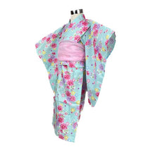 2-pc Kids’ Yukata Set | Sakura on Pastel Blue with Pink Obi Design (2 sizes)